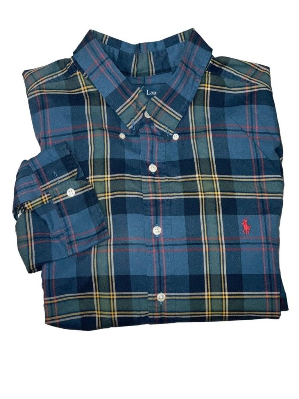 Ralph Lauren Custom Fit Plaid Button-Down Shirt M Blue Yellow Long Sleeve Mens